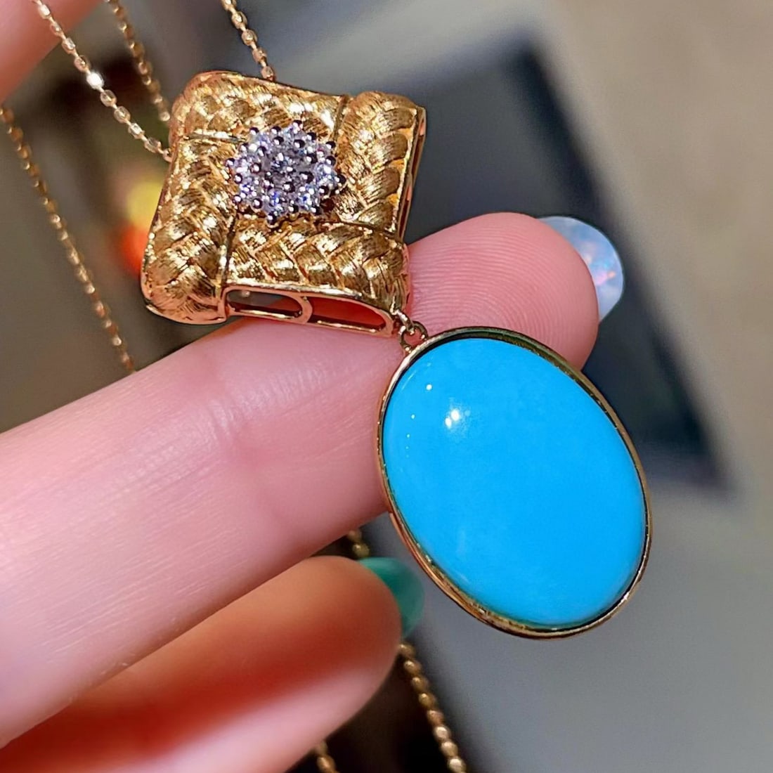 14k Gold 8.78 Ctw Natural Blue Turquoise & Diamond Pendant( Without Chain ) - 2