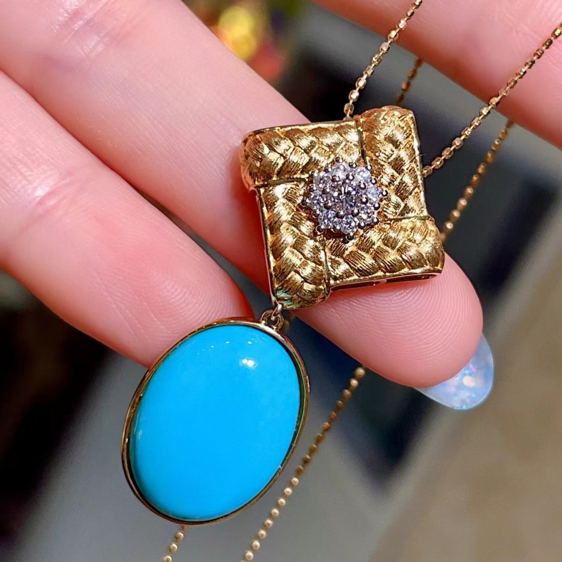 14k Gold 8.78 Ctw Natural Blue Turquoise & Diamond Pendant( Without Chain ) - 3