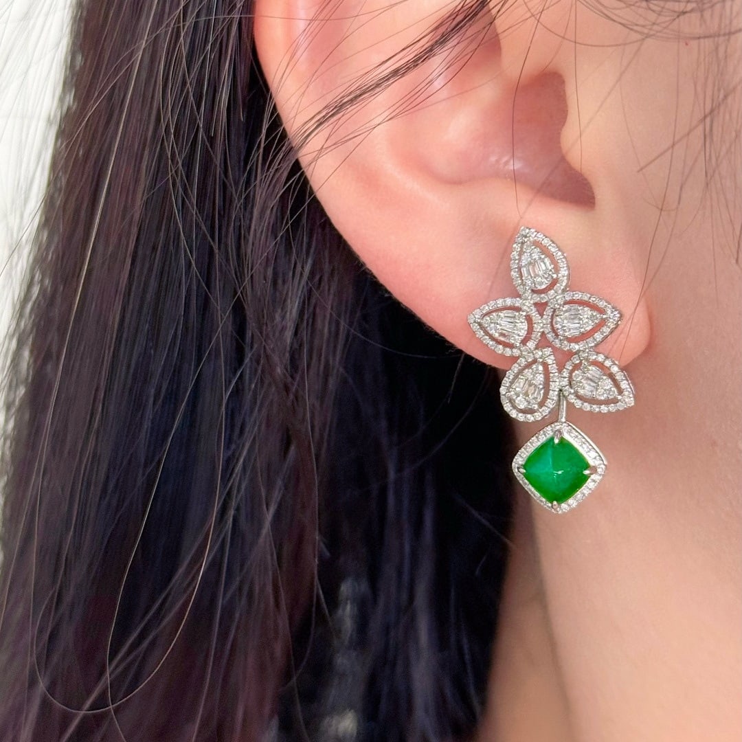 14k Gold 2.78 Ctw Natural Emerald & Diamond Earrings - 6