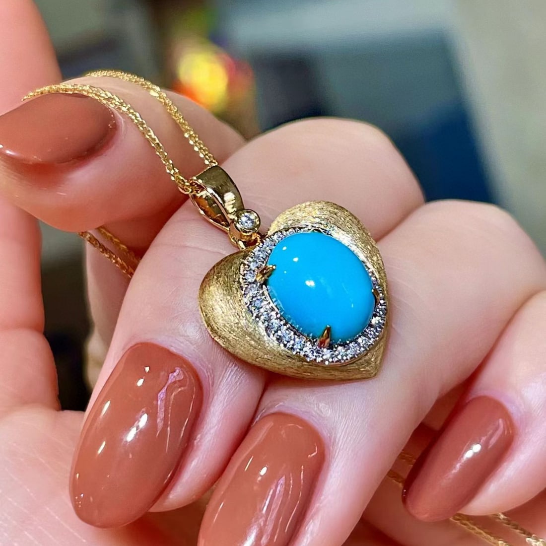 14k Gold 2.70 Ctw Natural Blue Turquoise & Diamond Pendant( Without Chain ) - 2
