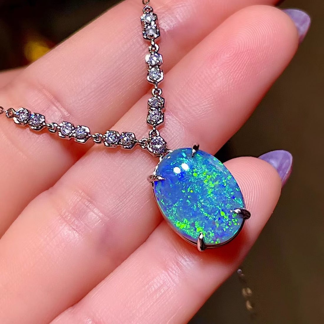 14k Gold 4.21 Ctw Natural Opal & Diamond Necklace - 2