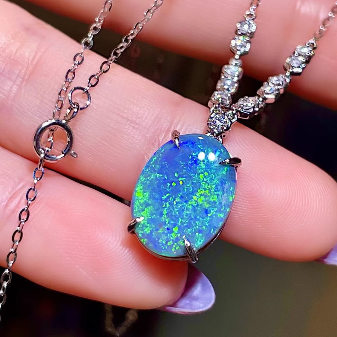 14k Gold 4.21 Ctw Natural Opal & Diamond Necklace - 3