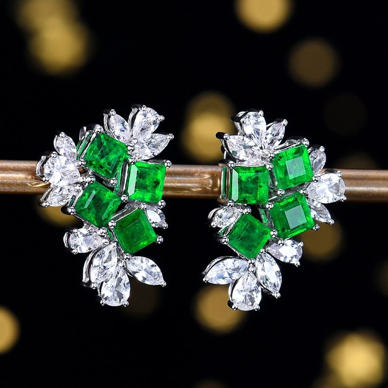 14k Gold 3.19 Ctw Vivid Green Natural Emerald & Sapphire Earrings - 3