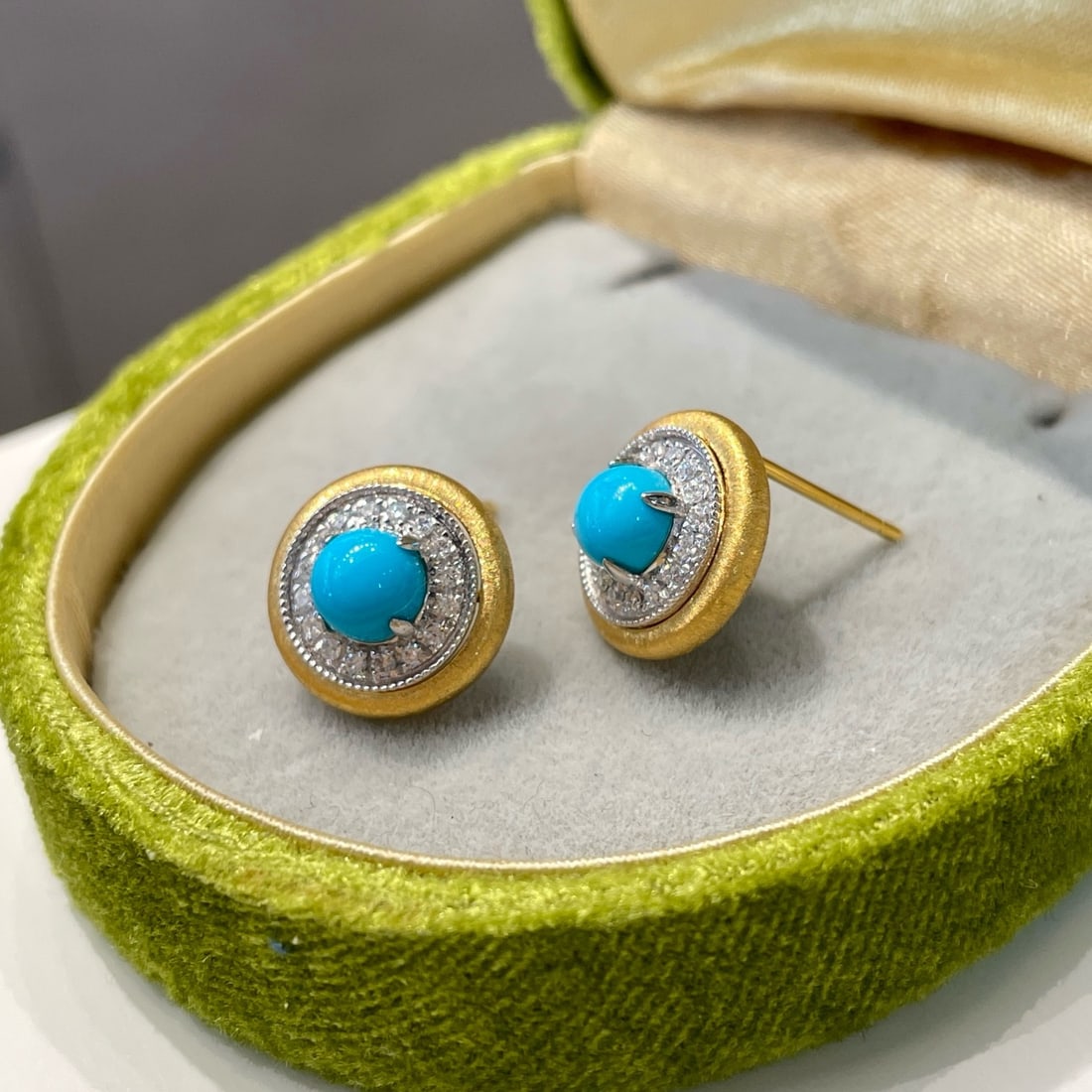 14k Gold 1.18 Ct Natural Blue Turquoise & Diamond Earrings - 4