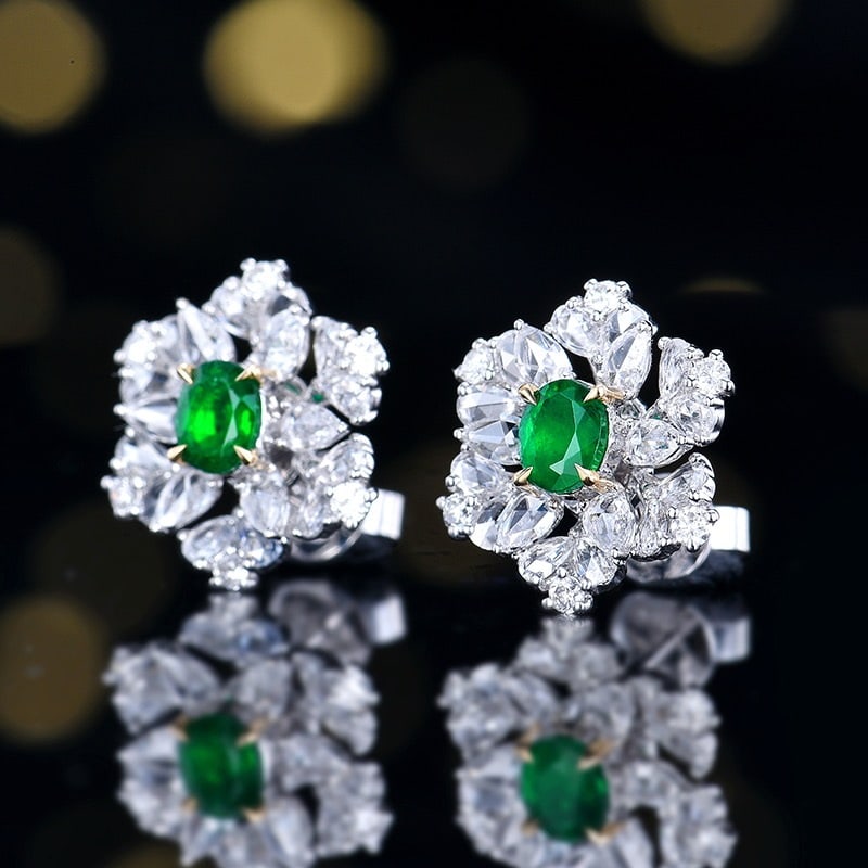 14k Gold 1.55 Ctw Vivid Green Natural Emerald & Diamond Earrings - 2