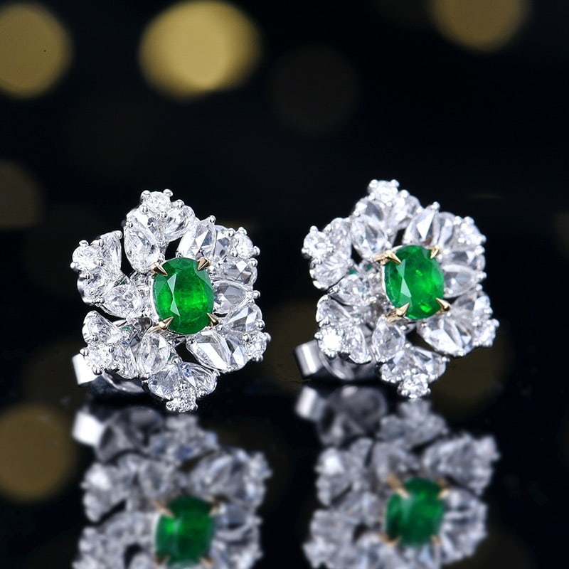 14k Gold 1.55 Ctw Vivid Green Natural Emerald & Diamond Earrings - 3