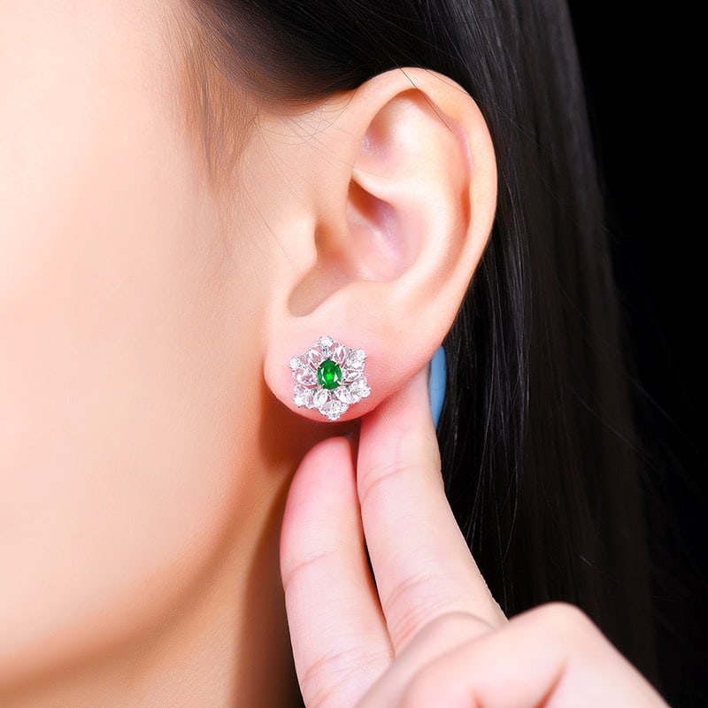 14k Gold 1.55 Ctw Vivid Green Natural Emerald & Diamond Earrings - 4