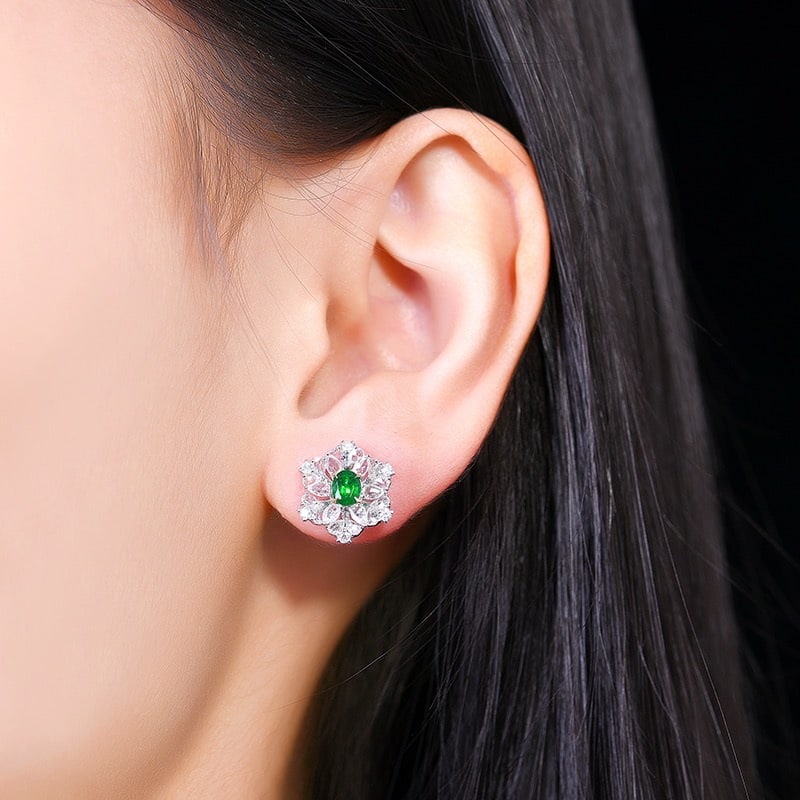 14k Gold 1.55 Ctw Vivid Green Natural Emerald & Diamond Earrings - 6