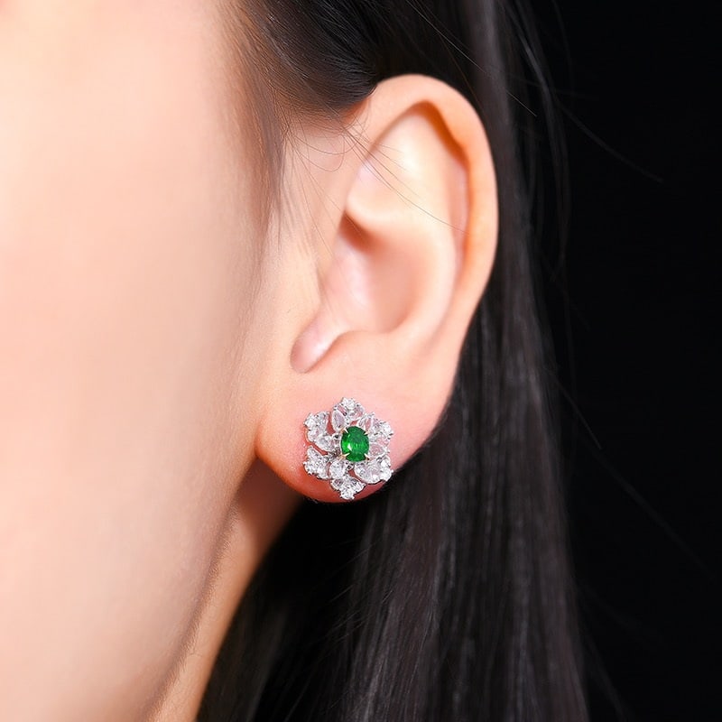 14k Gold 1.55 Ctw Vivid Green Natural Emerald & Diamond Earrings - 7