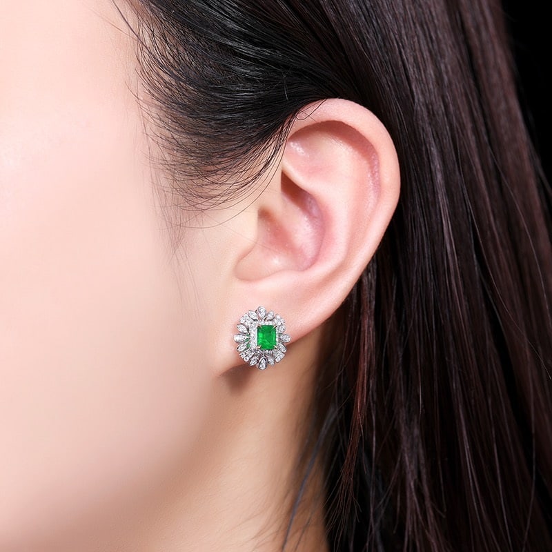 14k Gold 1.13 Ctw Vivid Green Natural Emerald & Diamond Earrings - 5