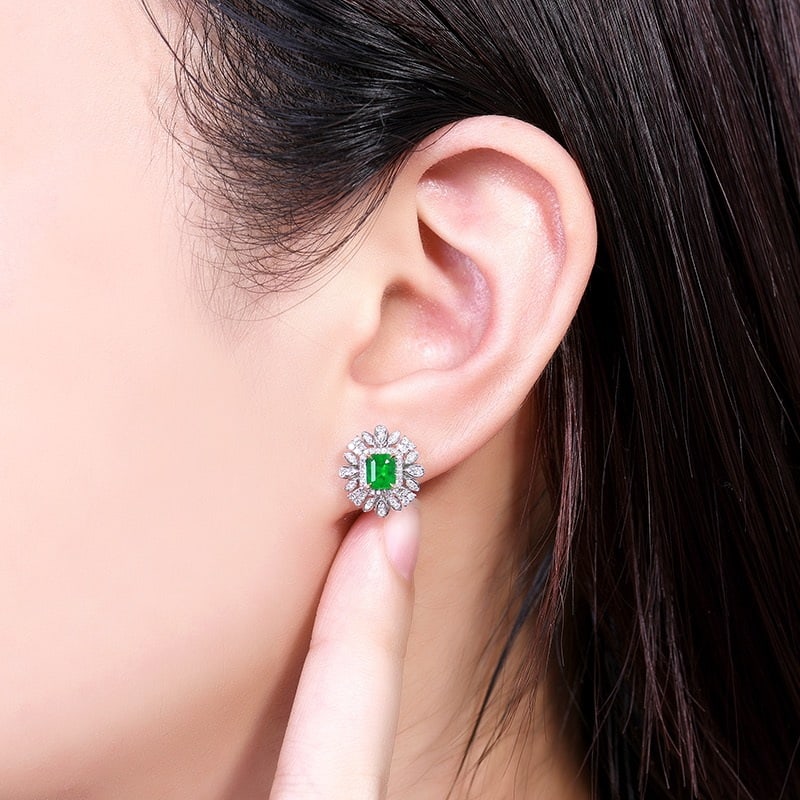 14k Gold 1.13 Ctw Vivid Green Natural Emerald & Diamond Earrings - 6