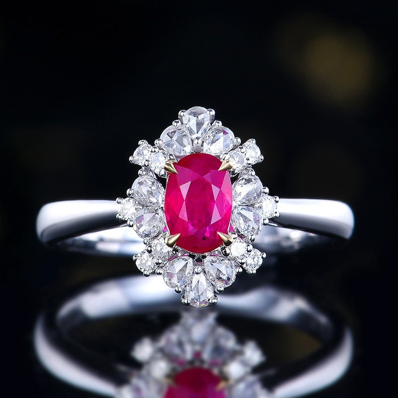 14k Gold 0.97 Ctw Natural Ruby & Diamond Ring: Ref:231096055 // gold content:14k gold // ring size:7. 25us // // main gemstone:ruby // shape:oval // carat weight:0. 62ct // color:red // treatment:natural // // adjacent gemstone 2 : diamond //