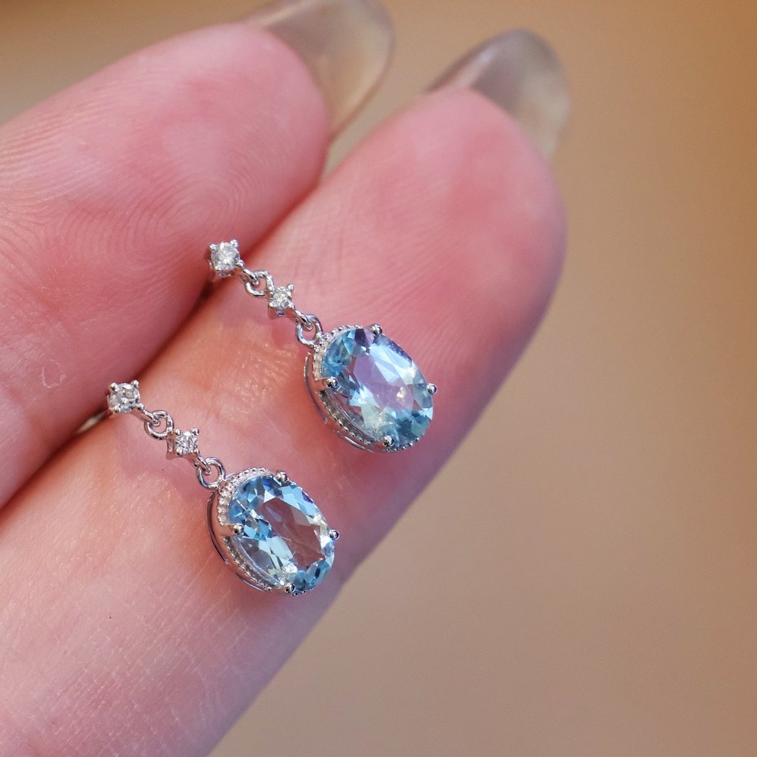 14k Gold 1.3 Ct Natural Aquamarine & Diamond Earrings - 4