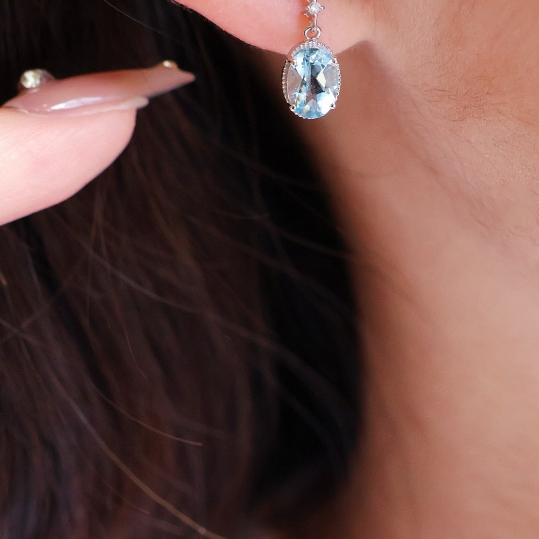 14k Gold 1.3 Ct Natural Aquamarine & Diamond Earrings - 5