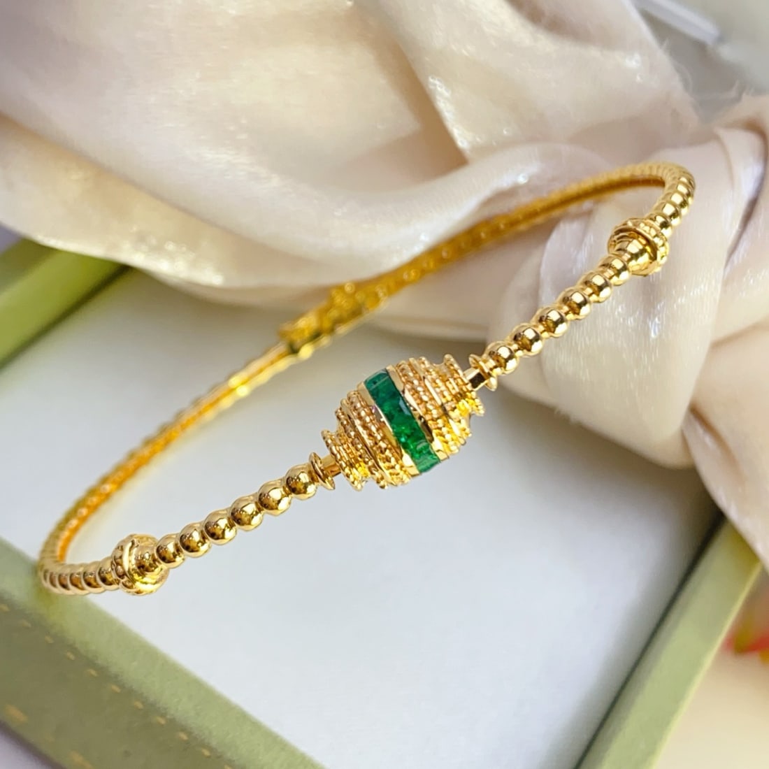 14k Gold 1.10 Ct Natural Emerald Bangle - 2