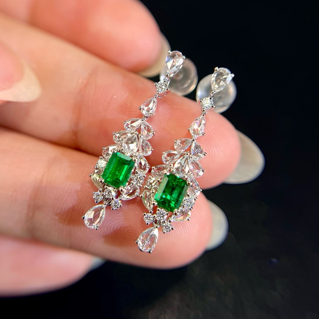 14k Gold 1.64 Ctw Vivid Green Natural Emerald & Diamond Earrings - 2