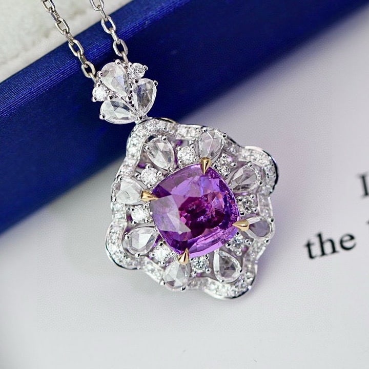 14k Gold 2.71 Ctw Natural Sapphire & Diamond Pendant( Without Chain ): Ref:231096115 // gold content:14k gold // main gemstone:sapphire // shape:cushion // carat weight:2. 02ct // color:purple // treatment:natural // // adjacent gemstone 2 : diamond // shape:multiple //