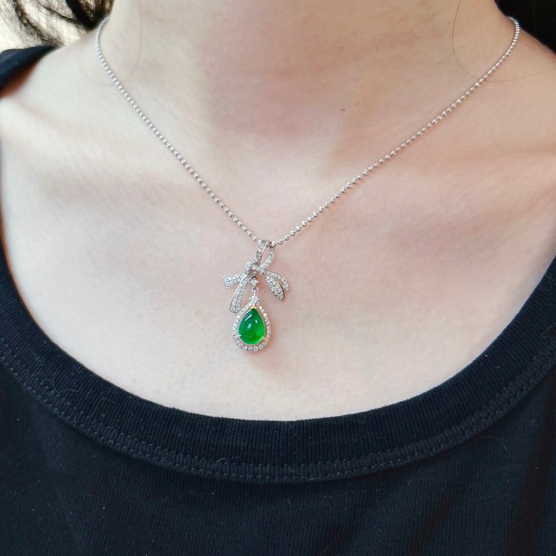 14k Gold 2.45 Ctw Vivid Green Natural Emerald & Diamond Pendant( Without Chain ) - 4
