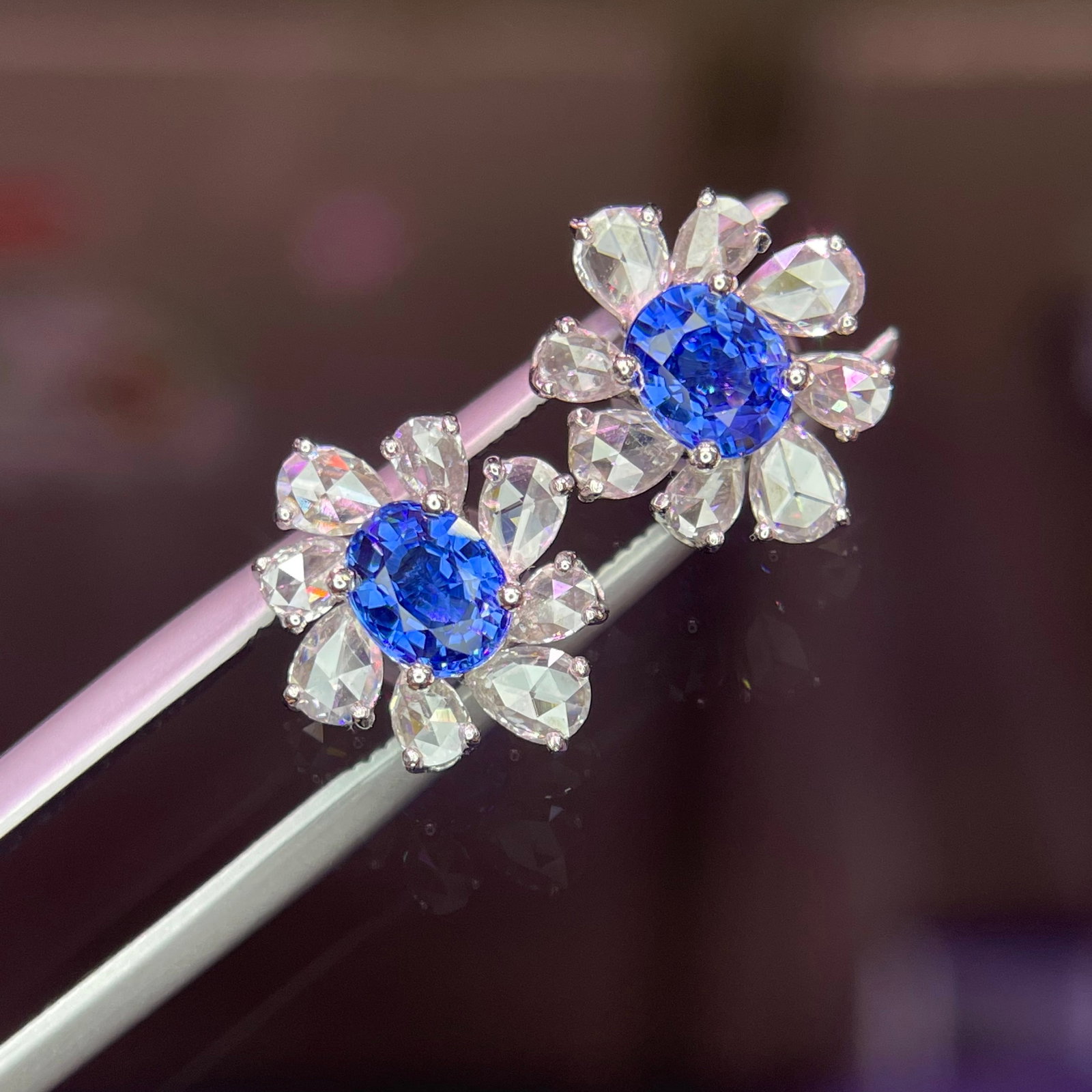 14k Gold 1.03 Ct Natural Sapphire & Diamond Earrings - 2