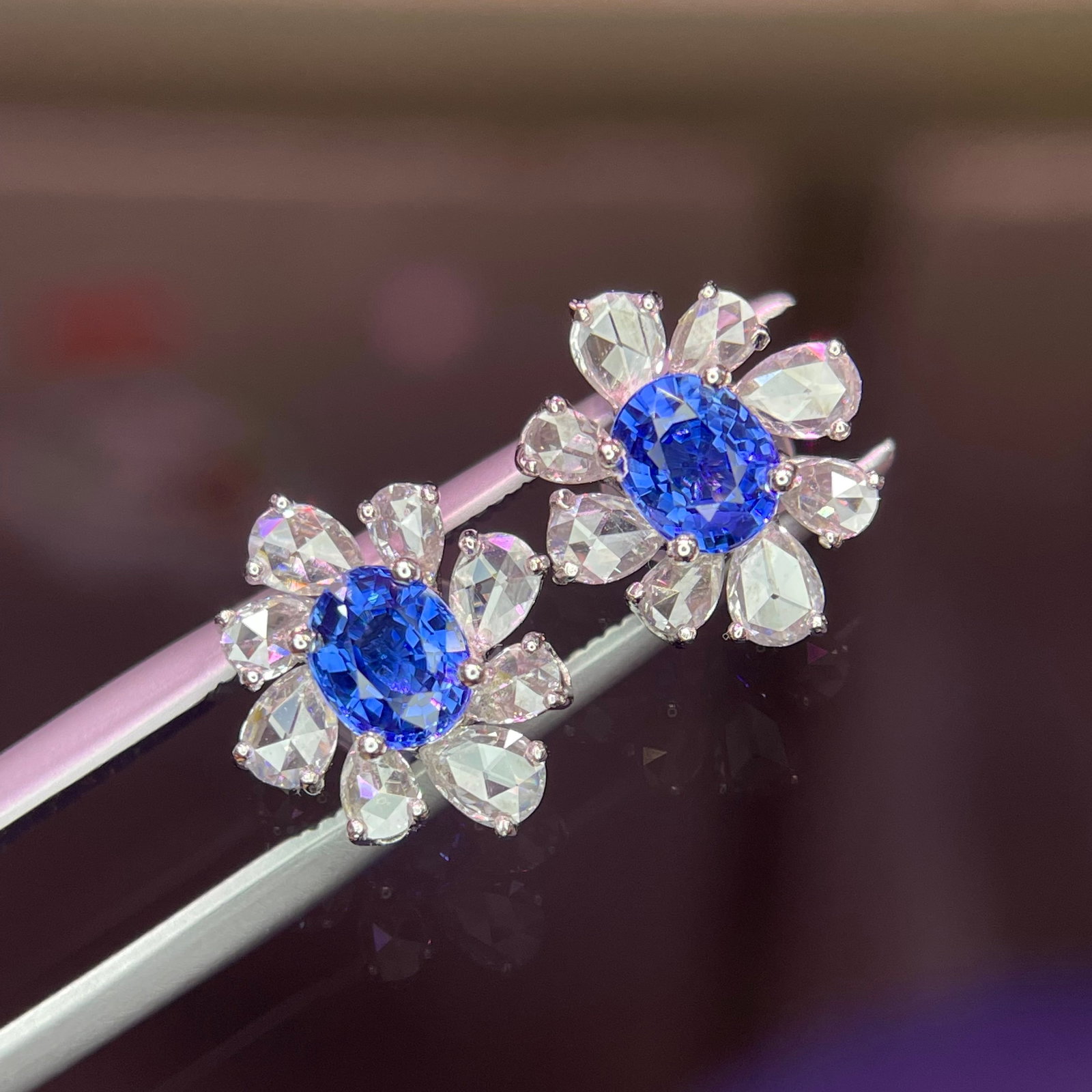 14k Gold 1.03 Ct Natural Sapphire & Diamond Earrings - 4
