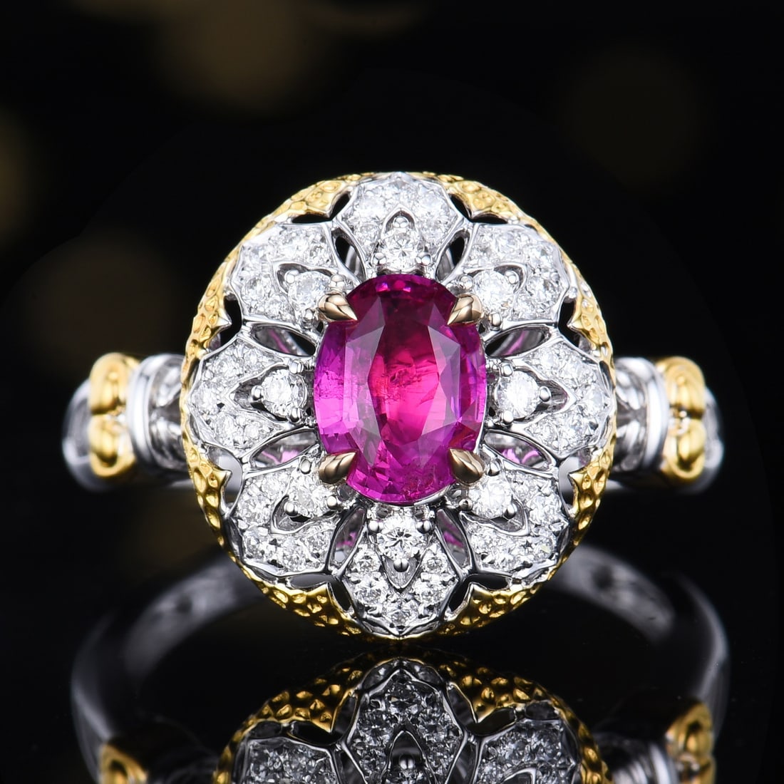14k Gold 1.34 Ctw Natural Sapphire & Diamond Ring: Ref:231096156 // gold content:14k gold // ring size:7. 25us // // main gemstone:sapphire // shape:oval // carat weight:1. 05ct // color:purplish pink // treatment:natural // // adjacent gemstone 2 : d