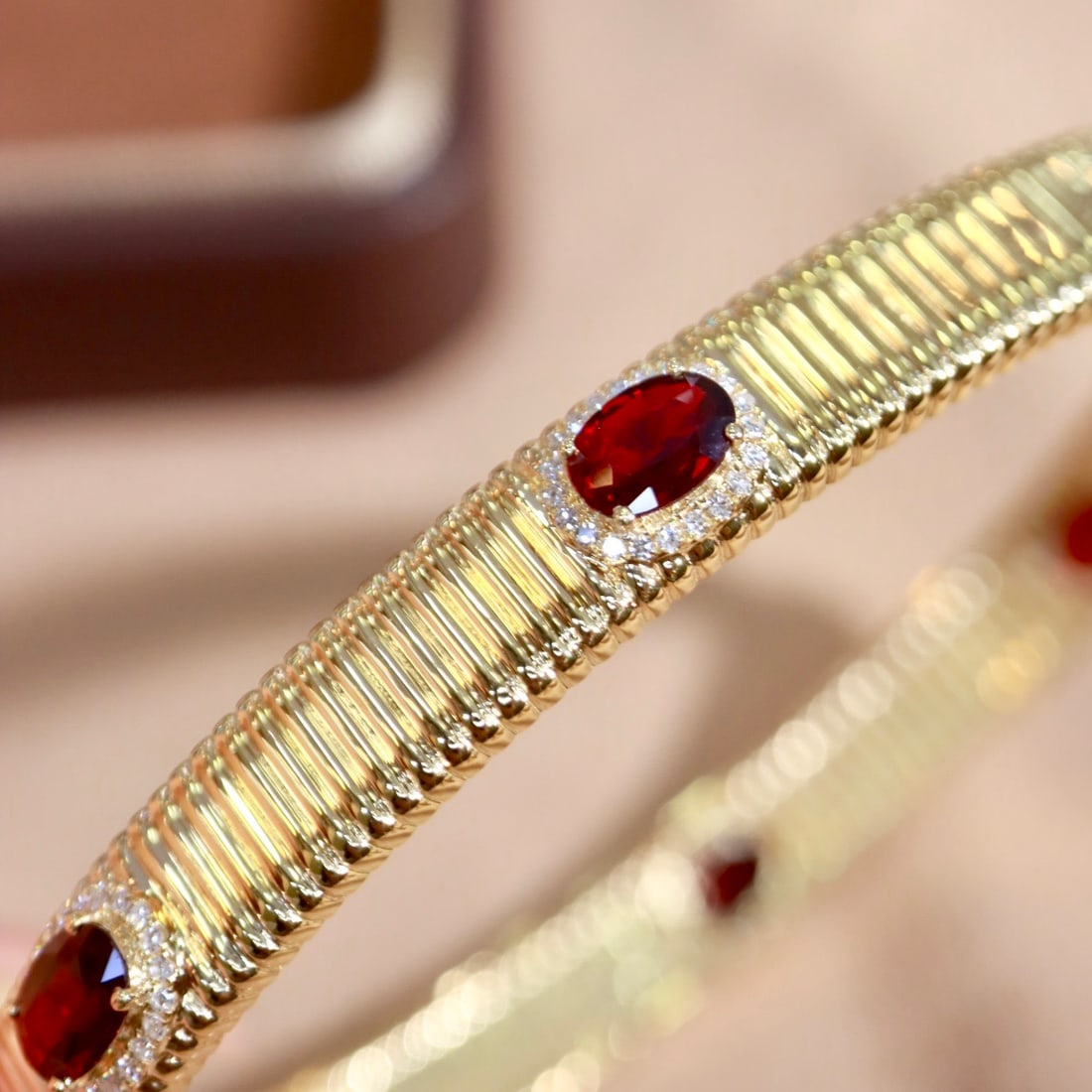14k Gold 3.30 Ctw Natural Ruby & Diamond Bangle - 7