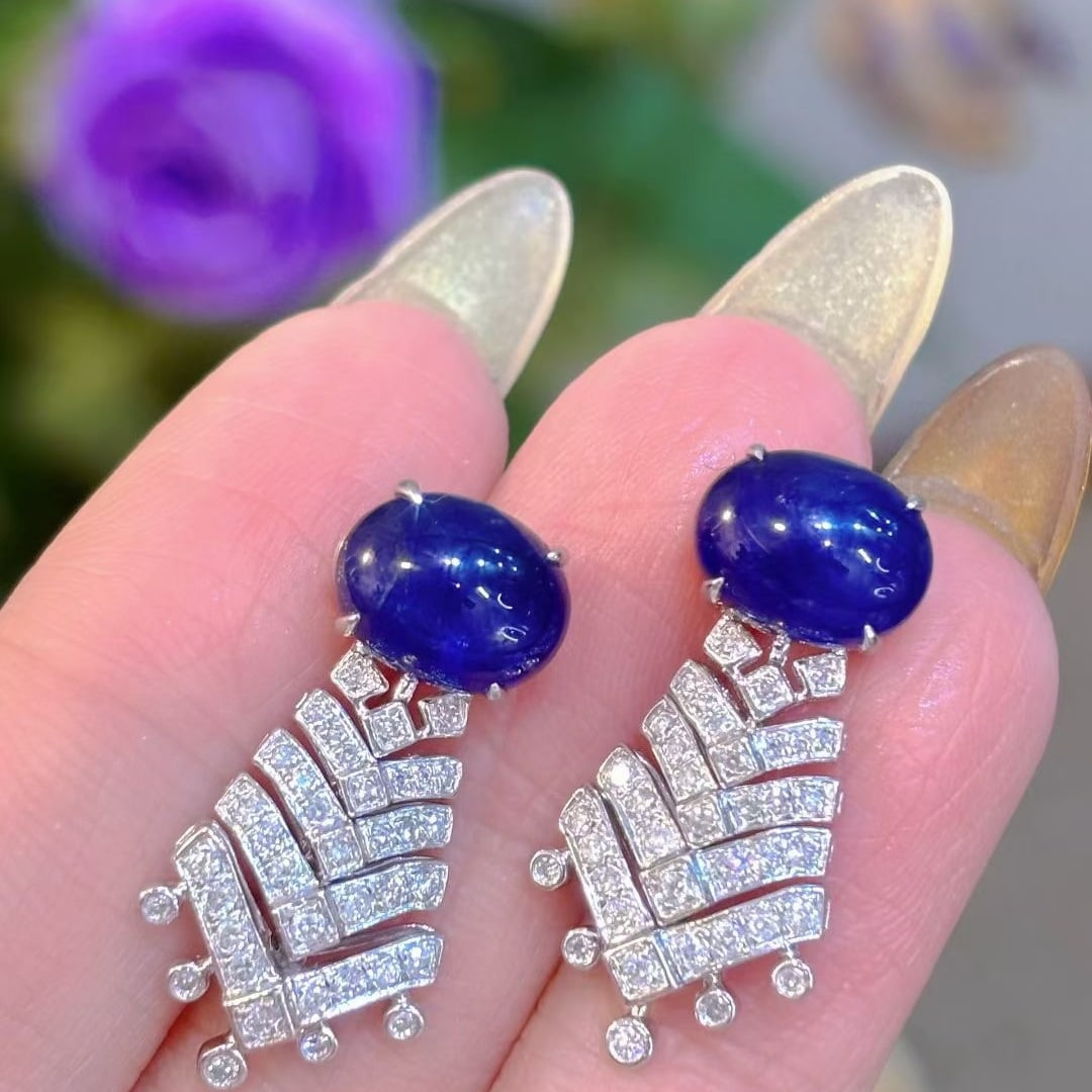 14k Gold 5.8 Ct Natural Sapphire & Diamond Earrings - 2