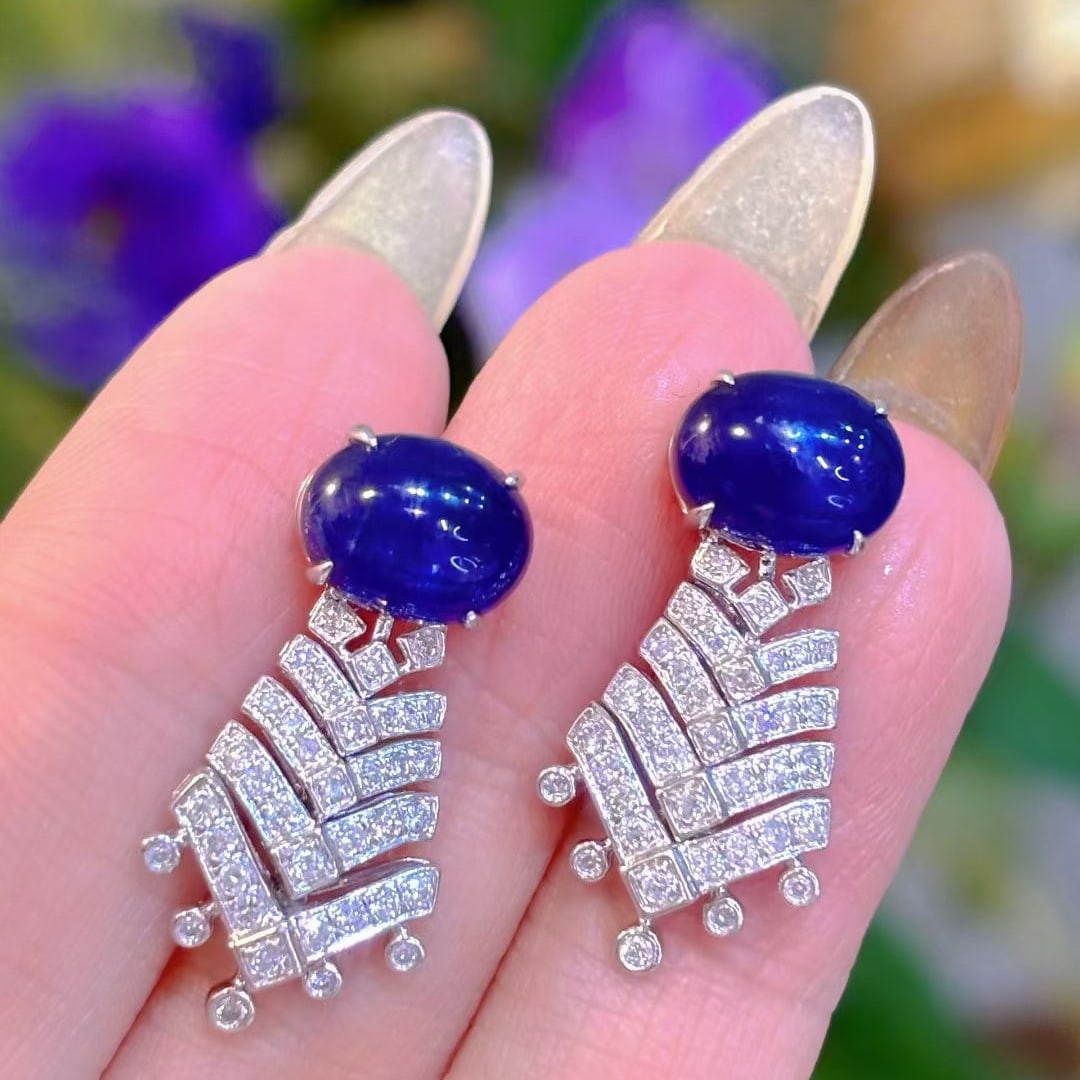 14k Gold 5.8 Ct Natural Sapphire & Diamond Earrings - 3