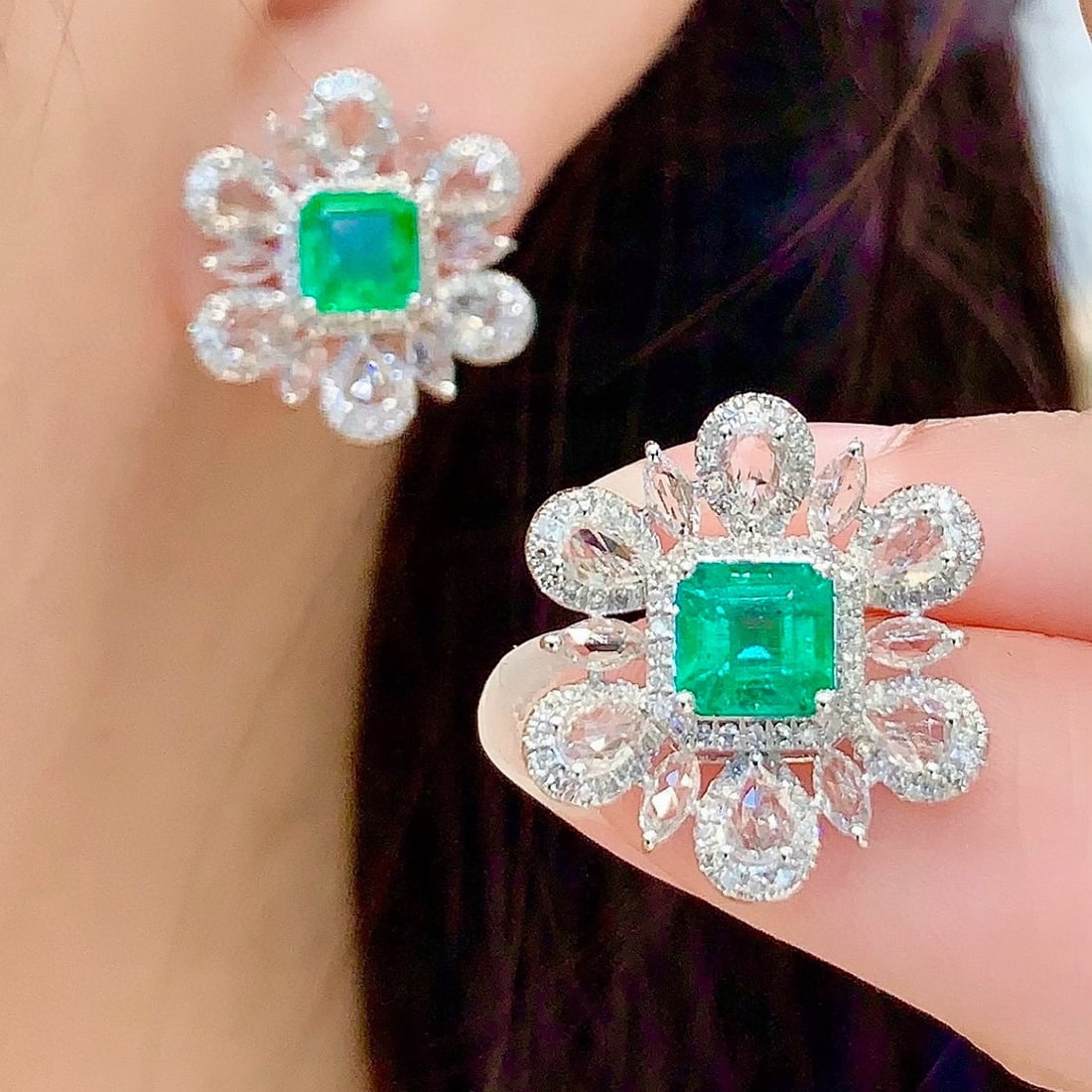 14k Gold 1.6 Ct Vivid Green Natural Emerald & Diamond & Sapphire Earrings - 5