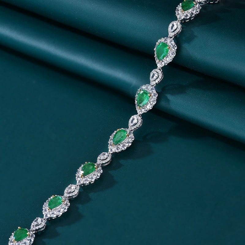 14k Gold 3.19 Ctw Vivid Green Natural Emerald & Diamond Bracelet - 2
