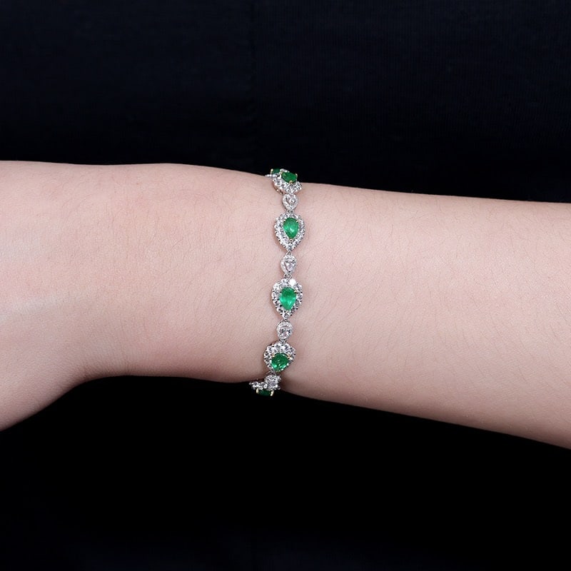 14k Gold 3.19 Ctw Vivid Green Natural Emerald & Diamond Bracelet - 6
