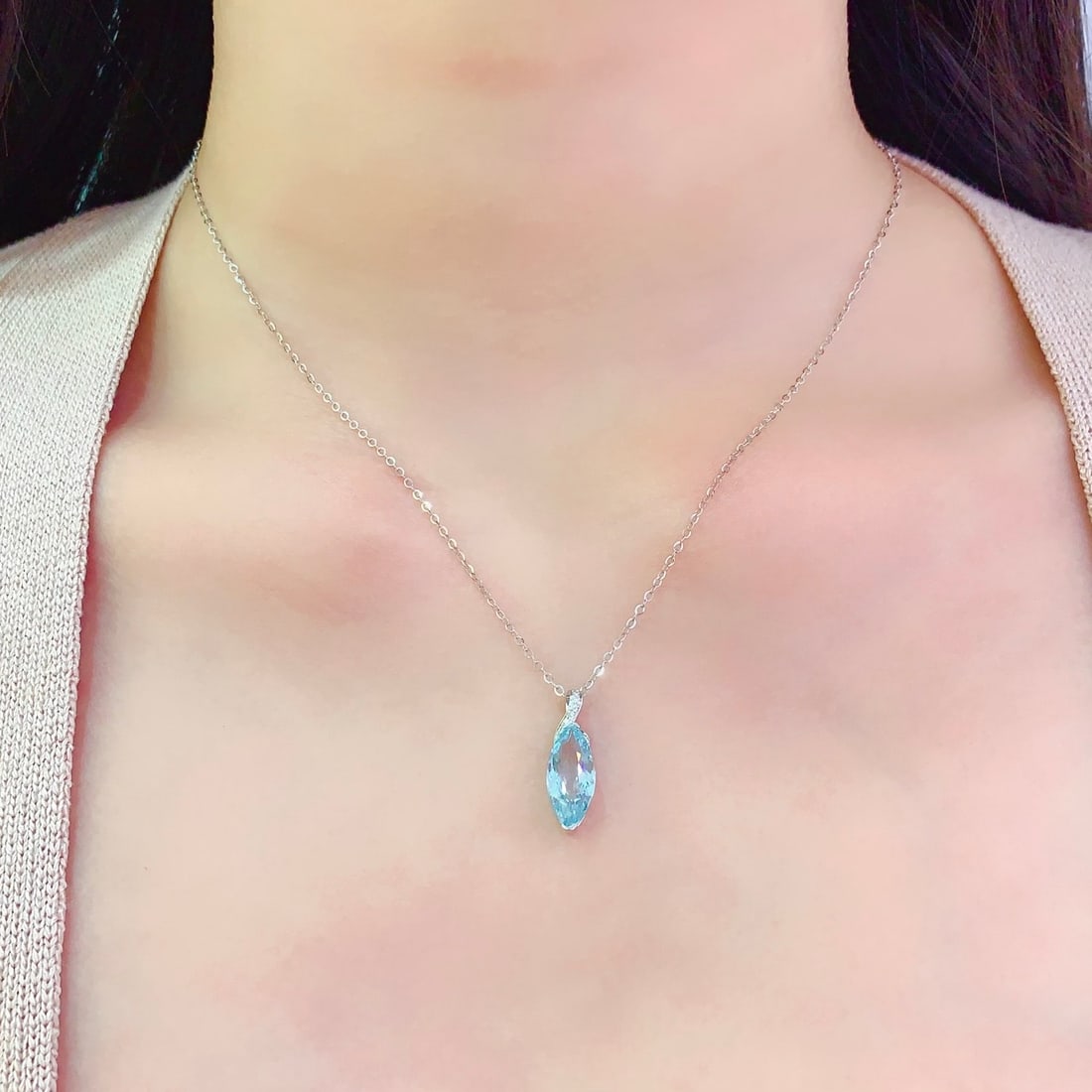 14k Gold 3.2 Ct Natural Aquamarine & Diamond Pendant( Without Chain ) - 6