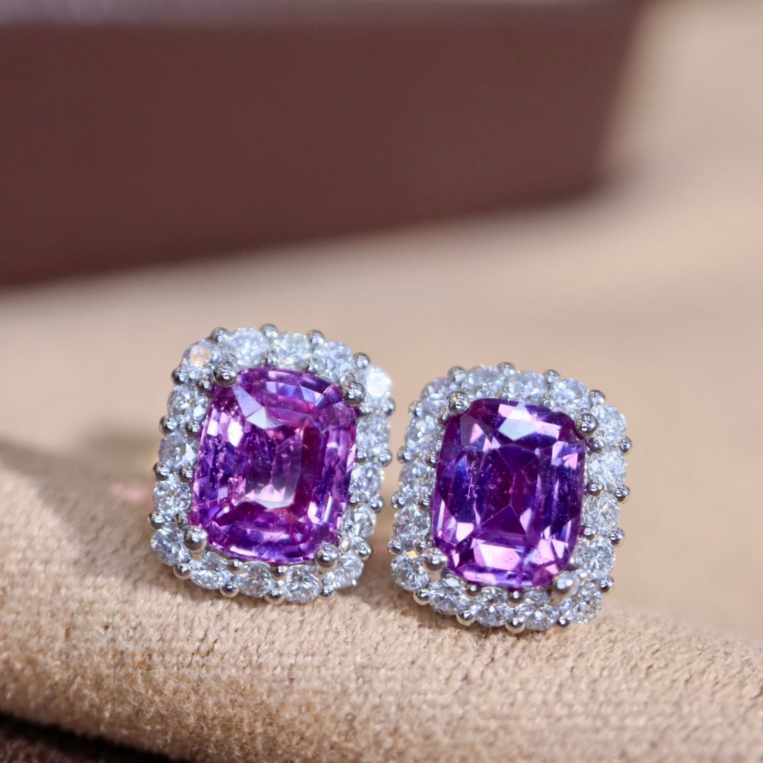 14k Gold 2.63 Ctw Natural Sapphire & Diamond Earrings: Ref:231096307 // gold content:14k gold // main gemstone:sapphire // shape:cushion // carat weight:2. 15ct // color:purple // treatment:natural // // adjacent gemstone 2 : diamond // shape:round // car