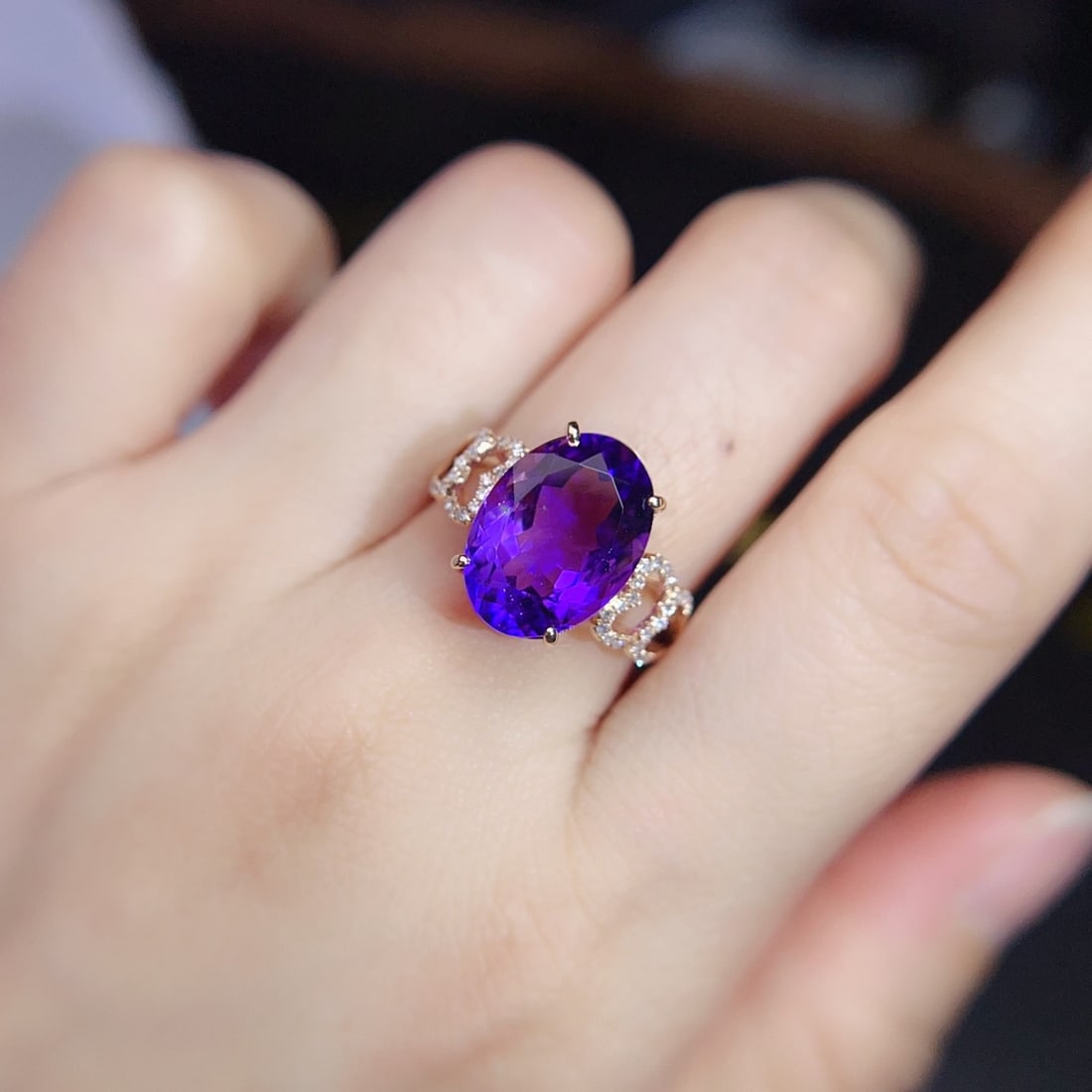 14k Gold 6 Ct Natural Amethyst & Diamond Ring - 6