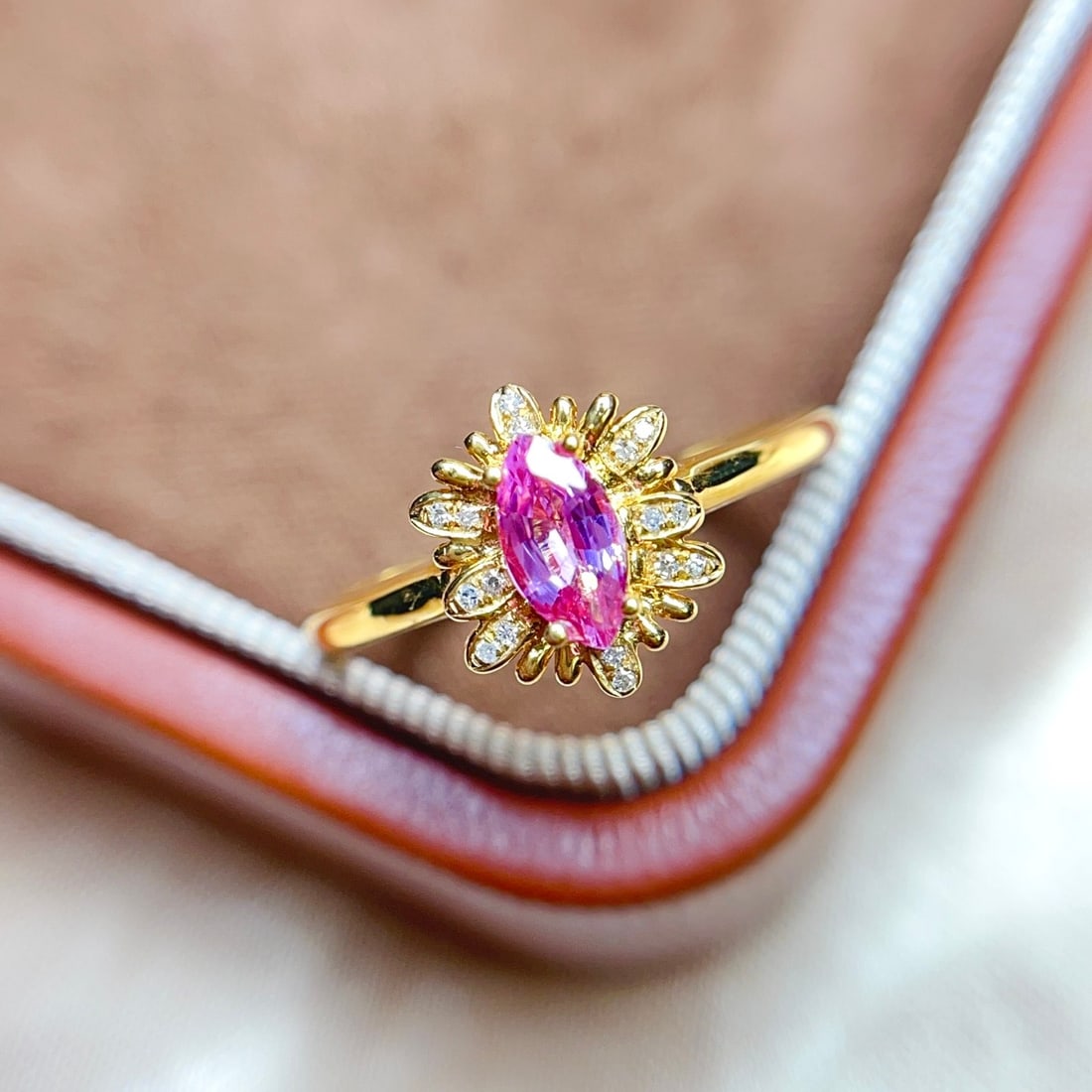 14k Gold 0.50 Ct Natural Sapphire & Diamond Ring: Ref:231096342 // gold content:14k gold // ring size:7. 25us // // main gemstone:sapphire // shape:marquise // carat weight:0. 50ct // color:pink // treatment:natural // // adjacent gemstone 2 :