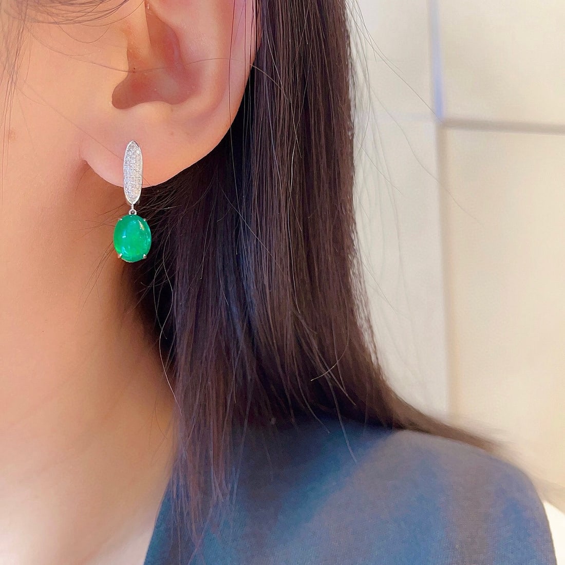 14k Gold 6.18 Ctw Vivid Green Natural Emerald & Diamond Earrings - 5