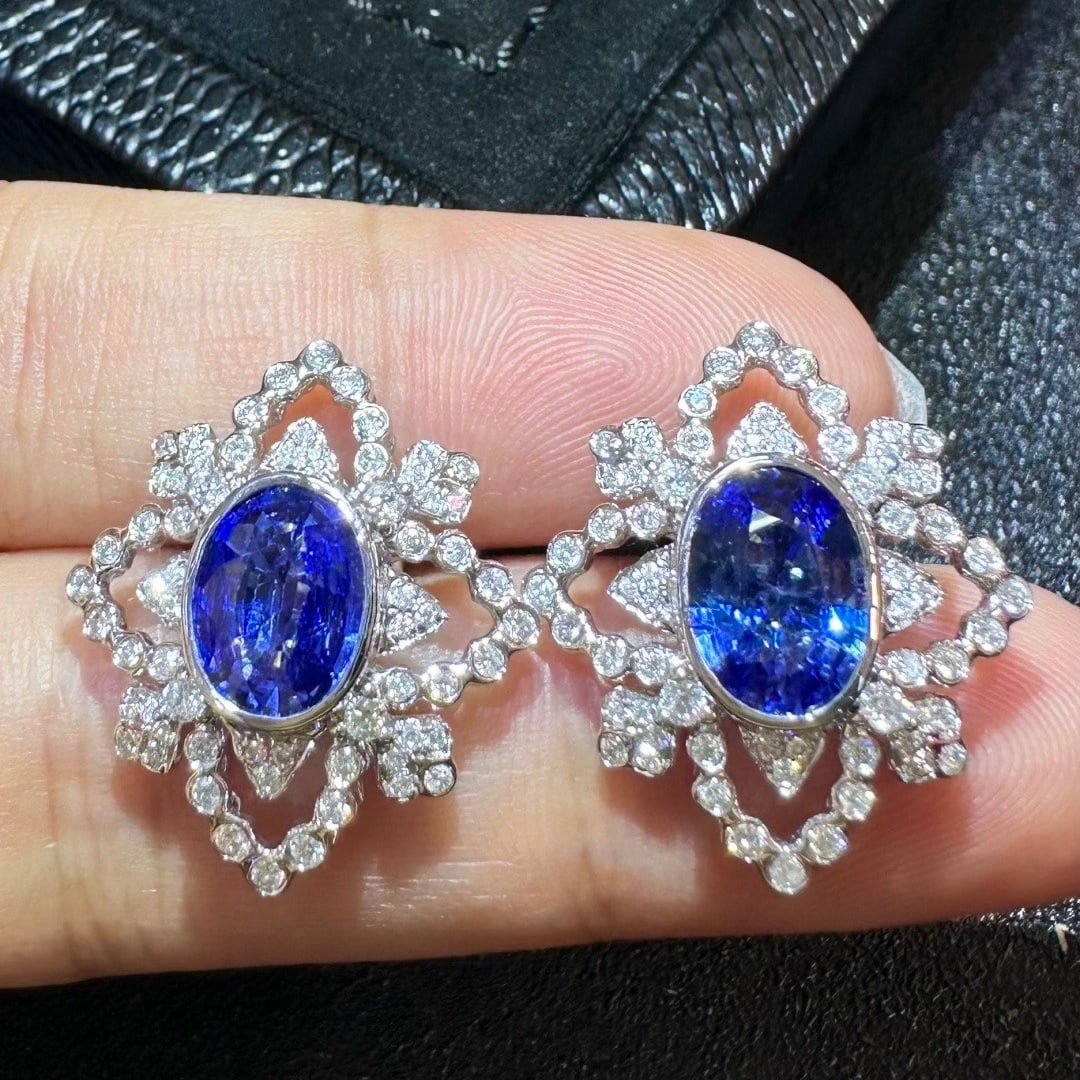 14k Gold 3.97 Ctw Natural Sapphire & Diamond Earrings - 2