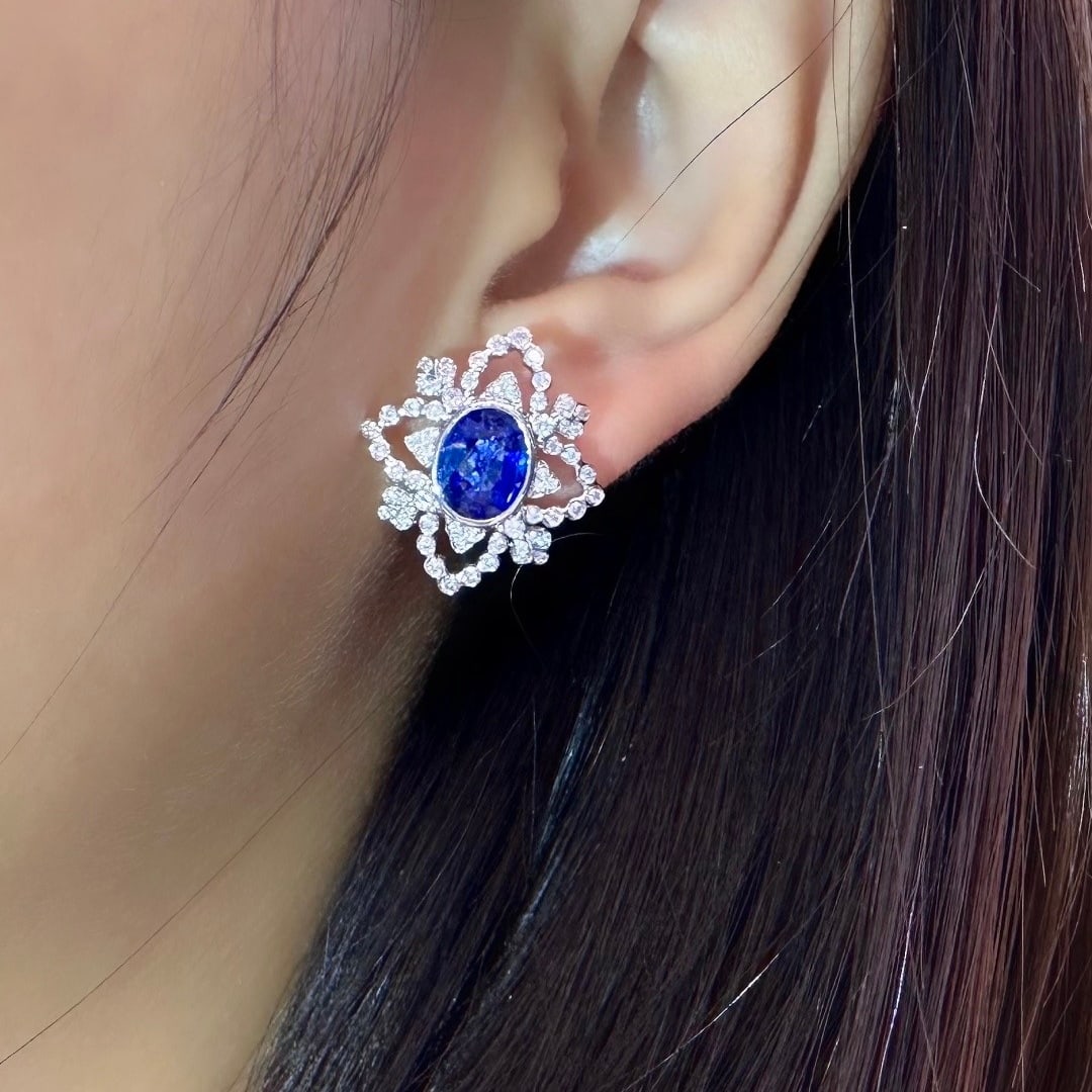 14k Gold 3.97 Ctw Natural Sapphire & Diamond Earrings - 4