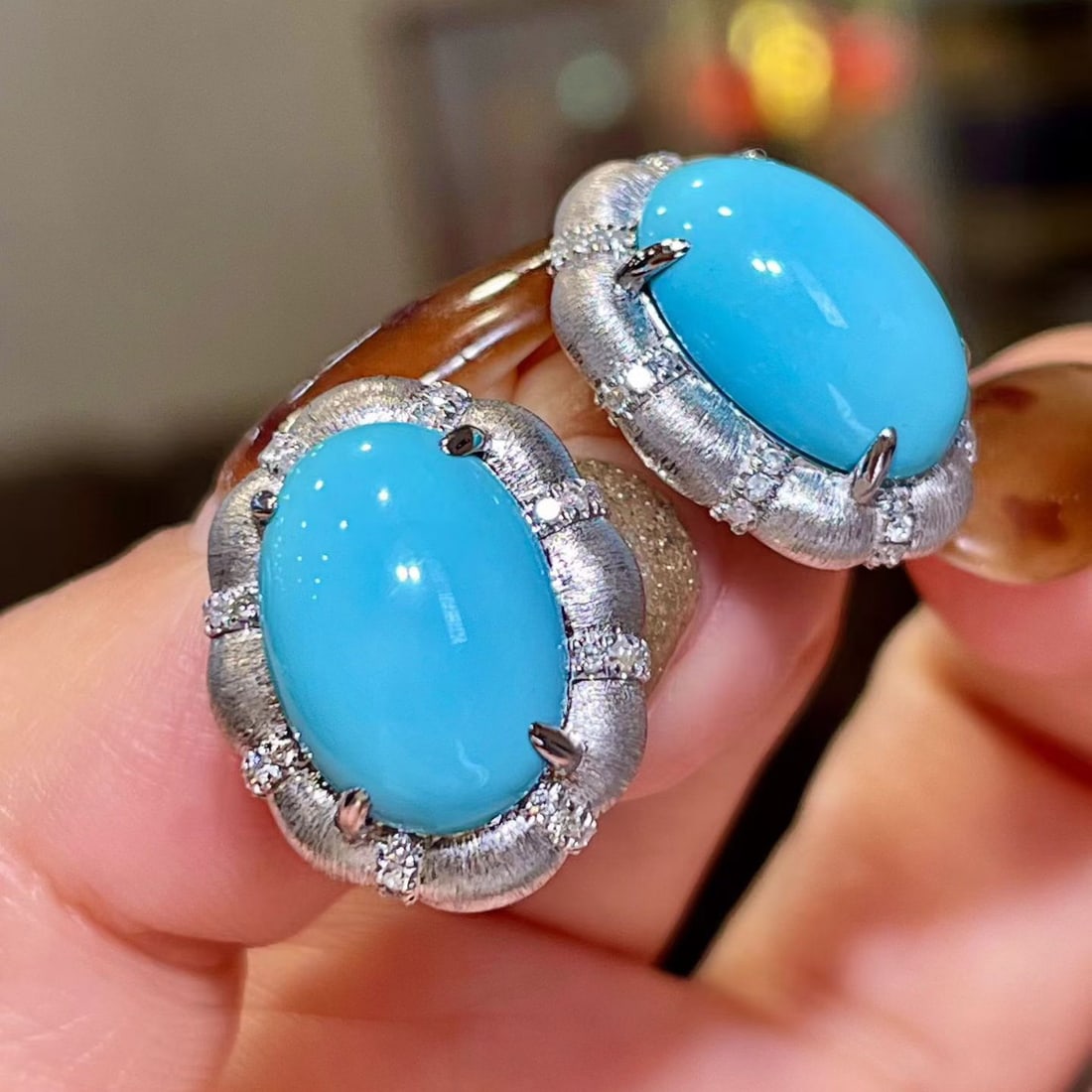14k Gold 10.06 Ctw Natural Blue Turquoise & Diamond Earrings - 2