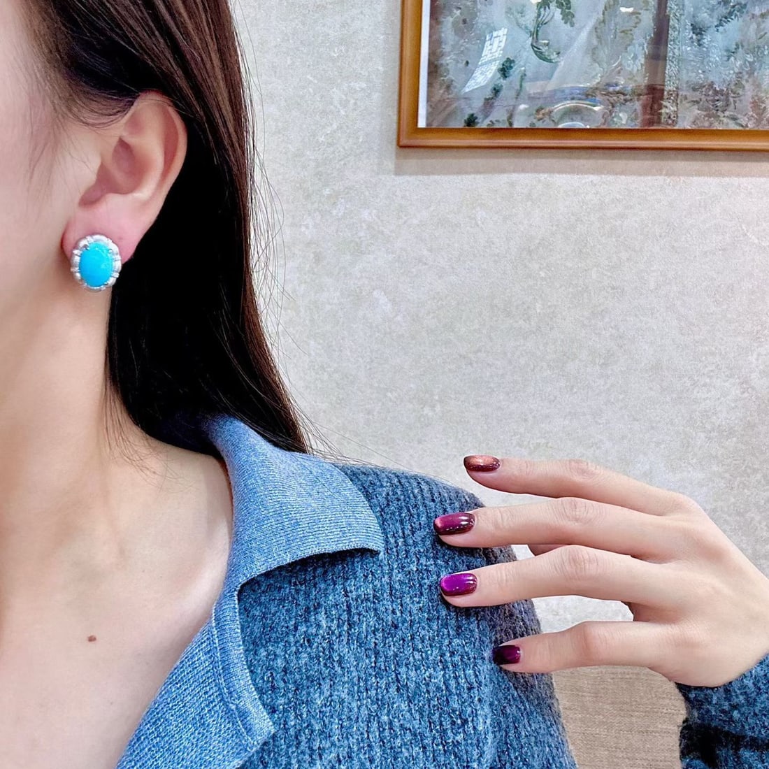 14k Gold 10.06 Ctw Natural Blue Turquoise & Diamond Earrings - 4