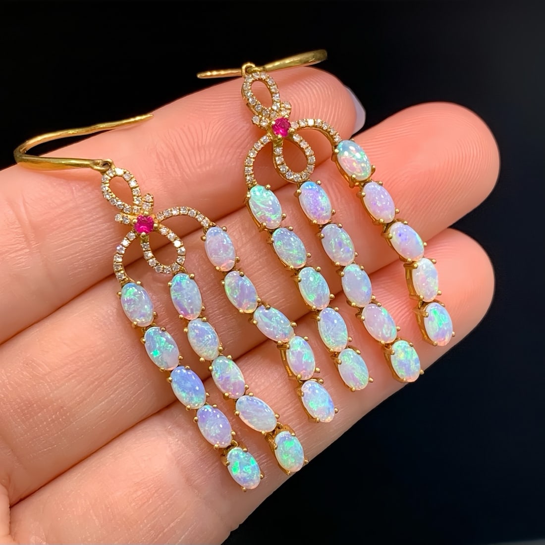 14k Gold 4.40 Ctw Natural Opal & Diamond Earrings - 4