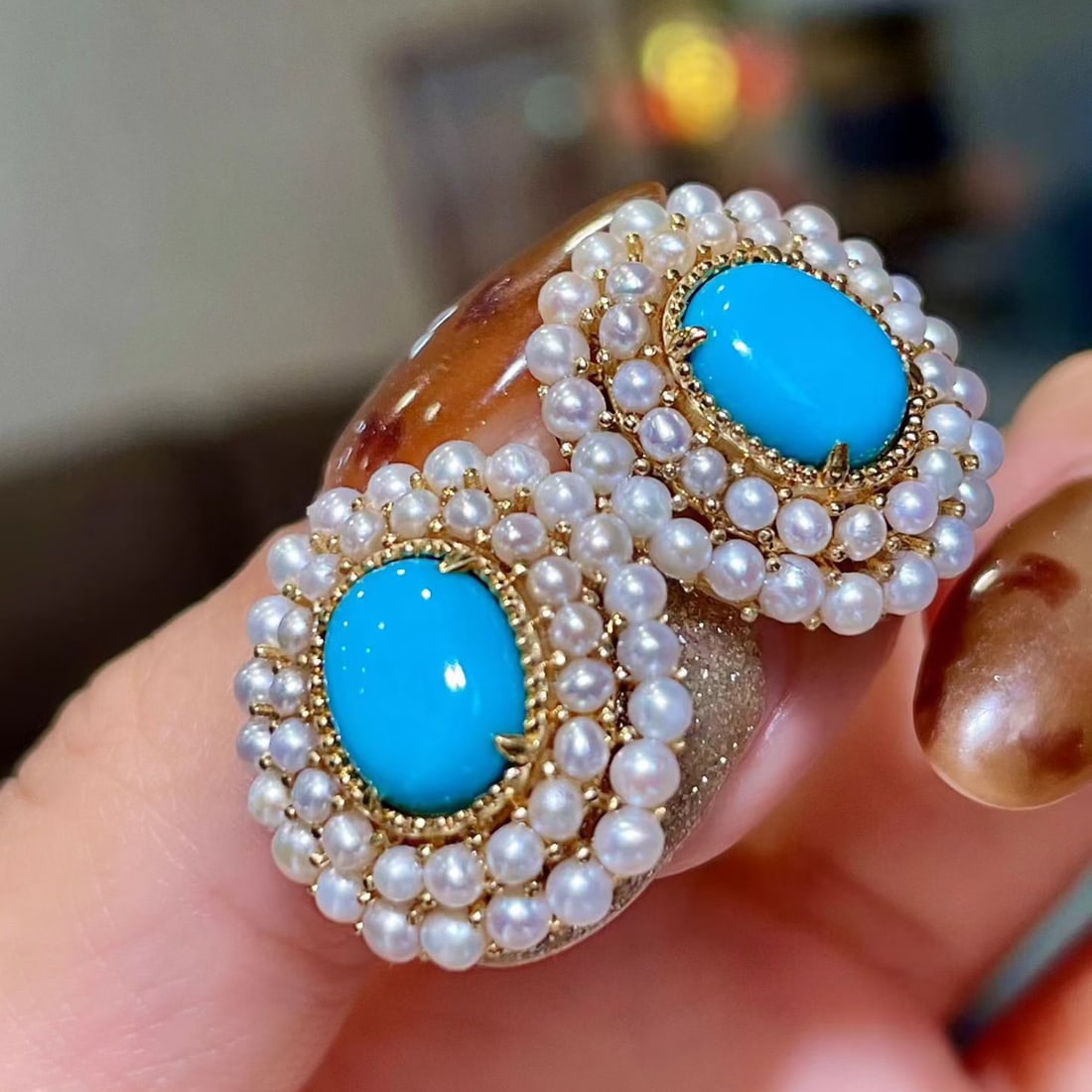 14k Gold 3.47 Ct Natural Blue Turquoise & Pearl Earrings - 2