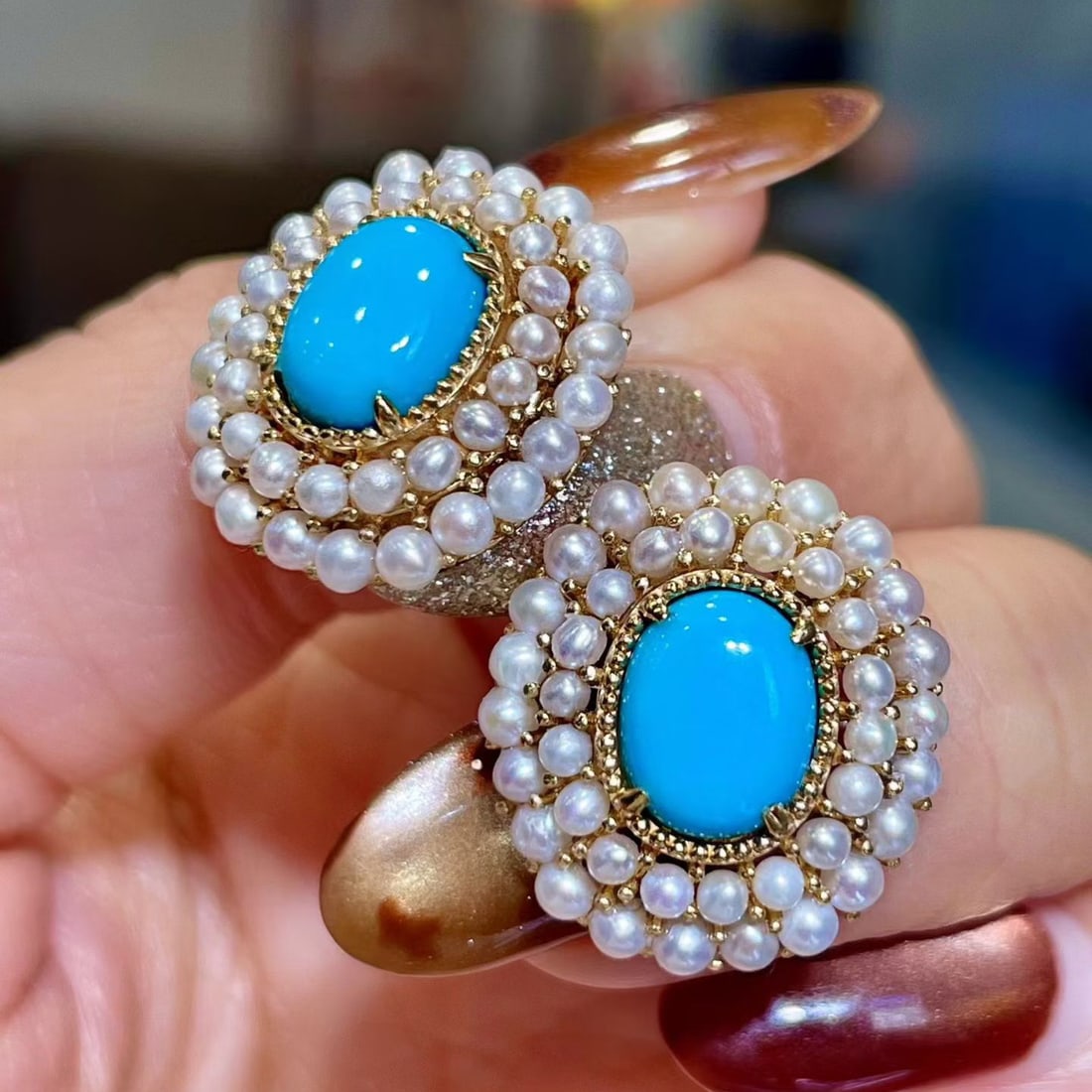 14k Gold 3.47 Ct Natural Blue Turquoise & Pearl Earrings - 3