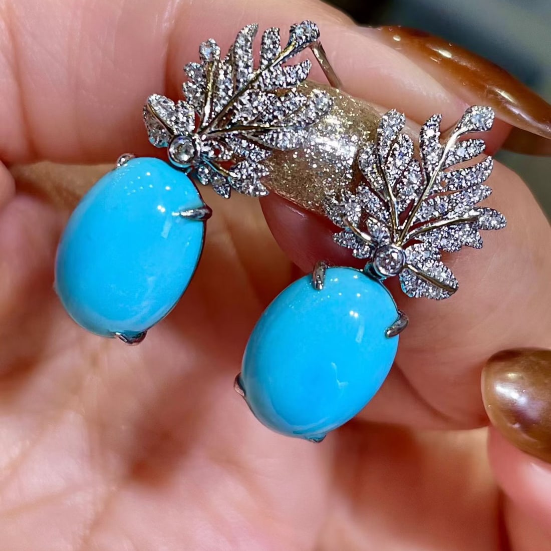 14k Gold 11.01 Ctw Natural Blue Turquoise & Diamond Earrings - 4
