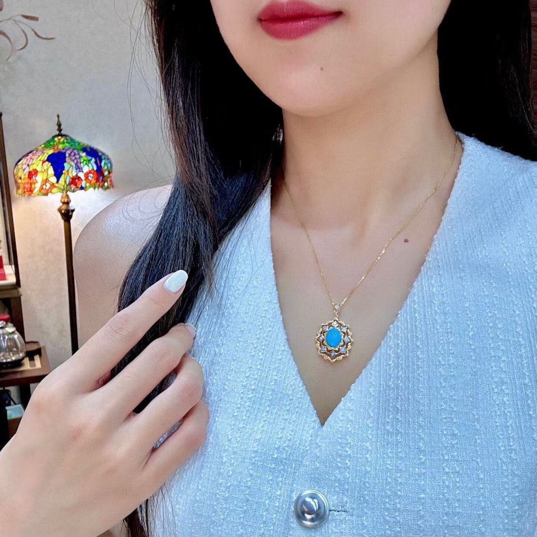 14k Gold 2.48 Ctw Natural Blue Turquoise & Diamond Pendant( Without Chain ) - 4