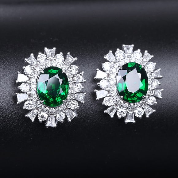 14k Gold 3.24 Ctw Vivid Green Natural Tsavorite & Diamond Earrings - 2