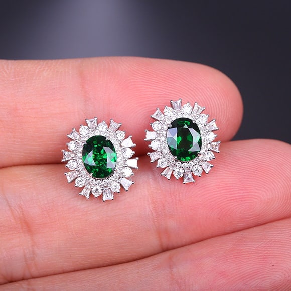 14k Gold 3.24 Ctw Vivid Green Natural Tsavorite & Diamond Earrings - 6