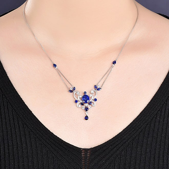 14k Gold 3.44 Ctw Natural Sapphire & Diamond Necklace - 6