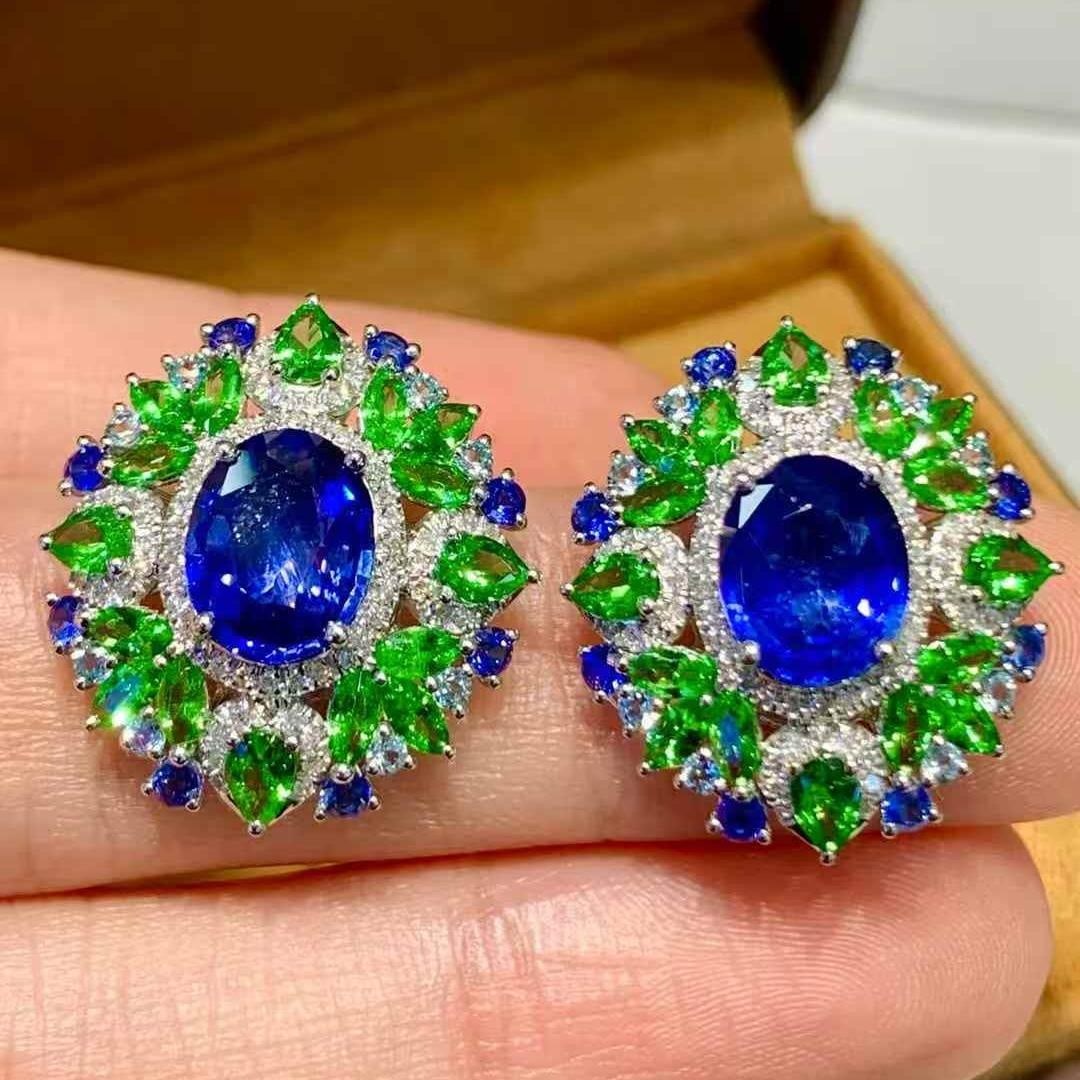 14k Gold 3.85 Ct Natural Sapphire & Diamond & Tsavorite & Sapphire Earrings