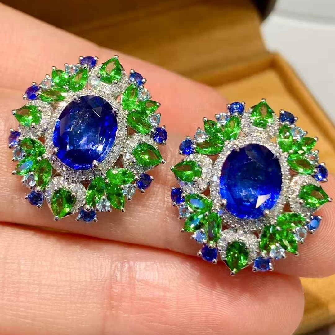 14k Gold 3.85 Ct Natural Sapphire & Diamond & Tsavorite & Sapphire Earrings - 2